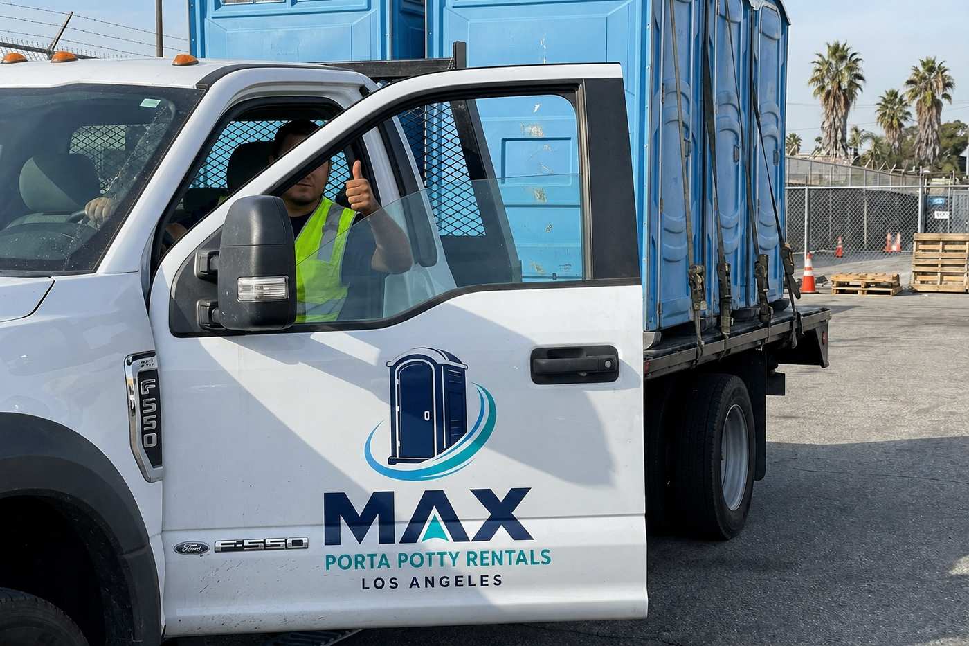 Branded Max Porta Potty Rentals Los Angeles delivery truck