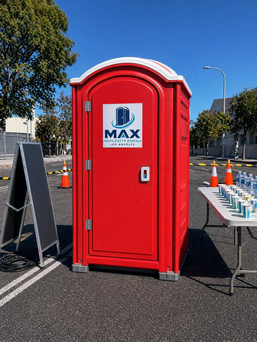 Red porta potty for a 5K race event